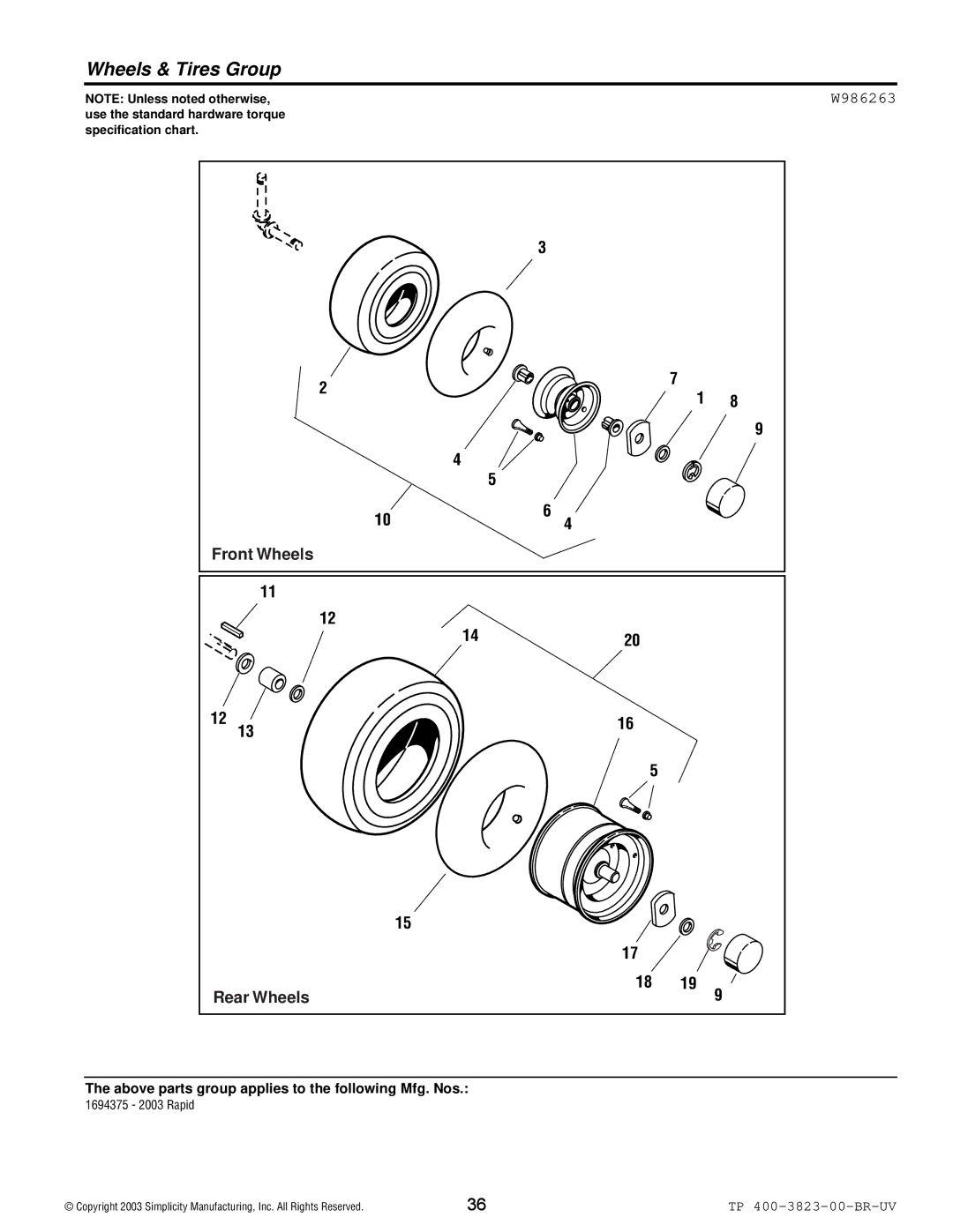 Simplicity 2003 Rapid manual Wheels & Tires Group, W986263 