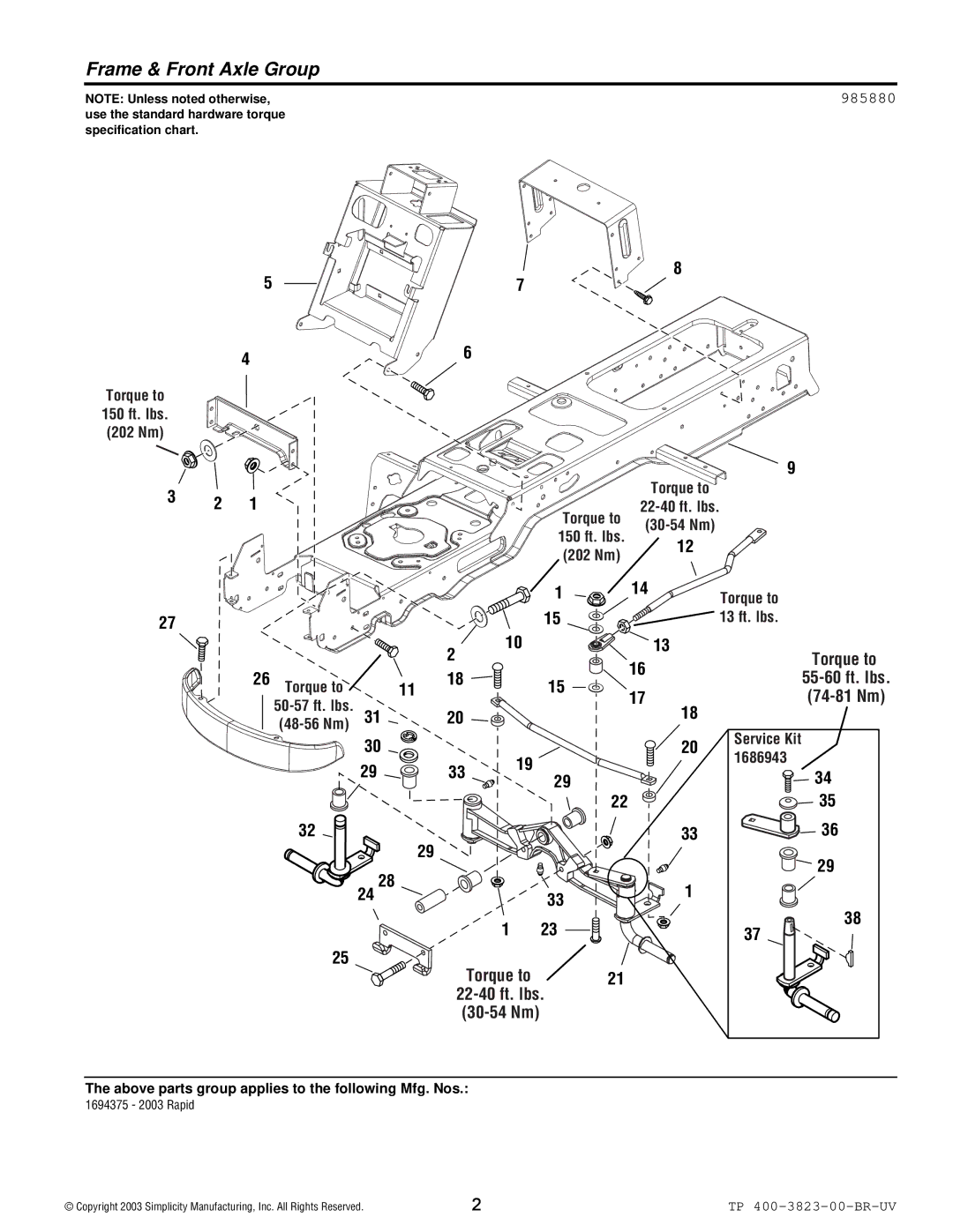 Simplicity 2003 Rapid manual Frame & Front Axle Group, 985880 