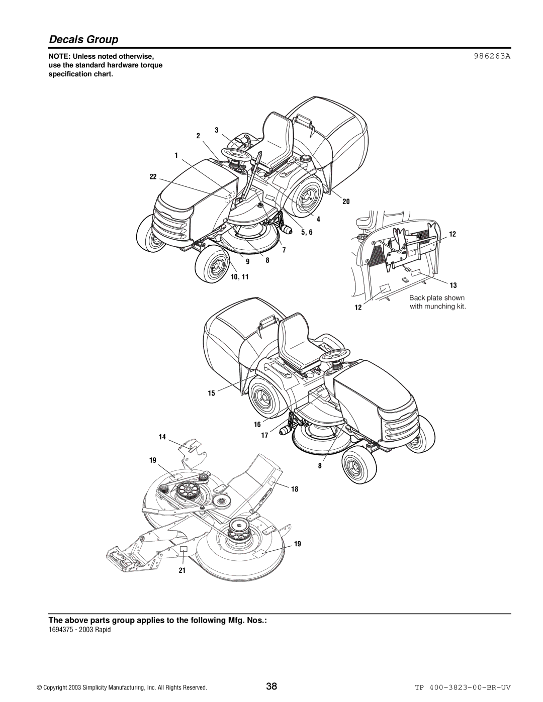 Simplicity 2003 Rapid manual Decals Group, 986263A 