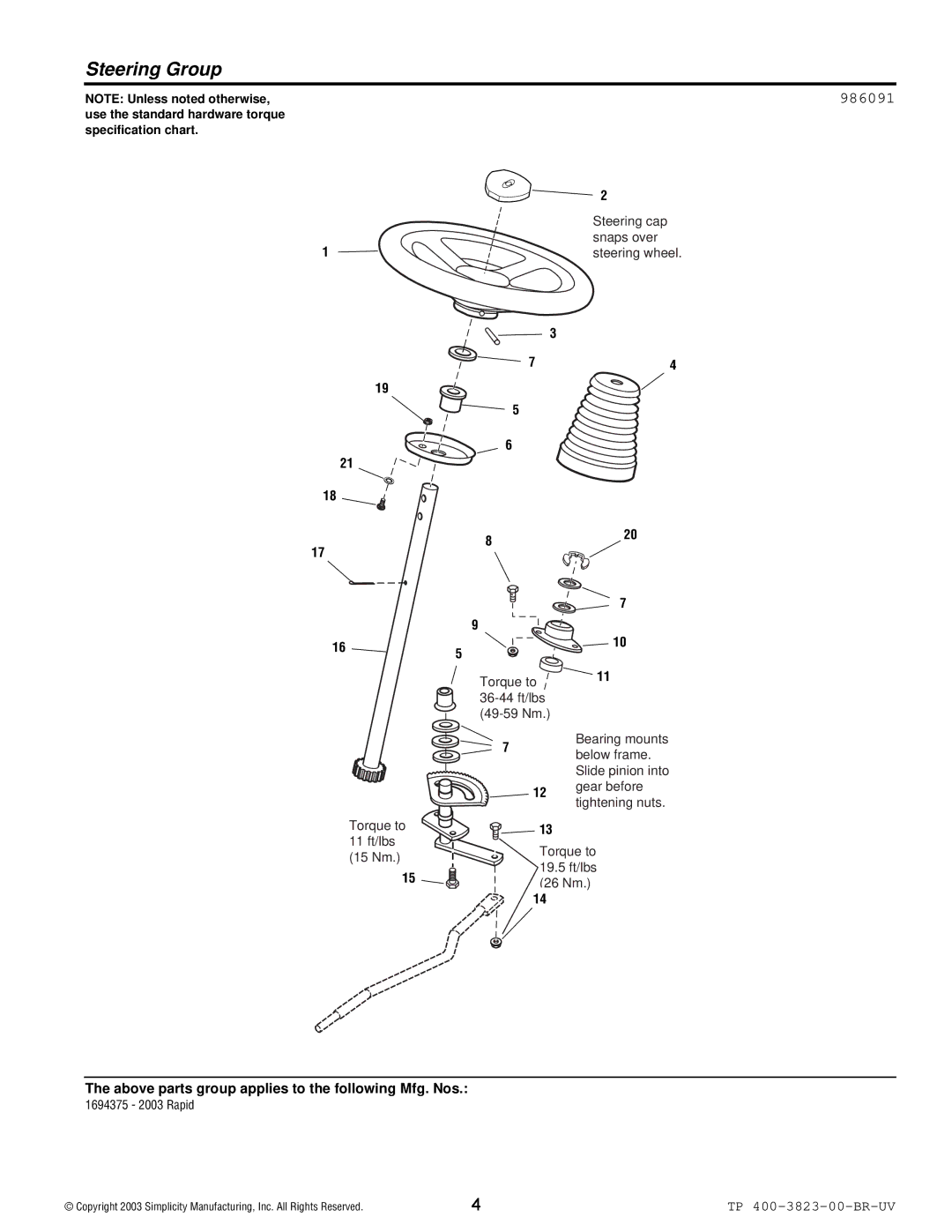 Simplicity 2003 Rapid manual Steering Group, 986091 