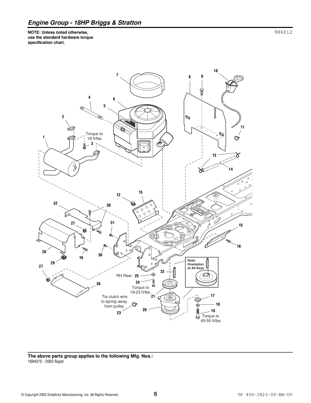 Simplicity 2003 Rapid manual Engine Group 18HP Briggs & Stratton, 986012 