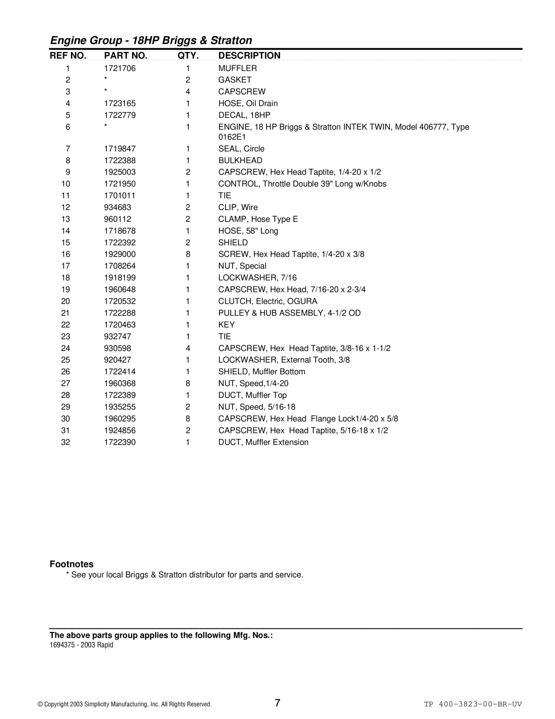 Simplicity 2003 Rapid manual Muffler, Gasket, Capscrew, DECAL, 18HP, Bulkhead, Tie, Shield, LOCKWASHER, 7/16, Key 