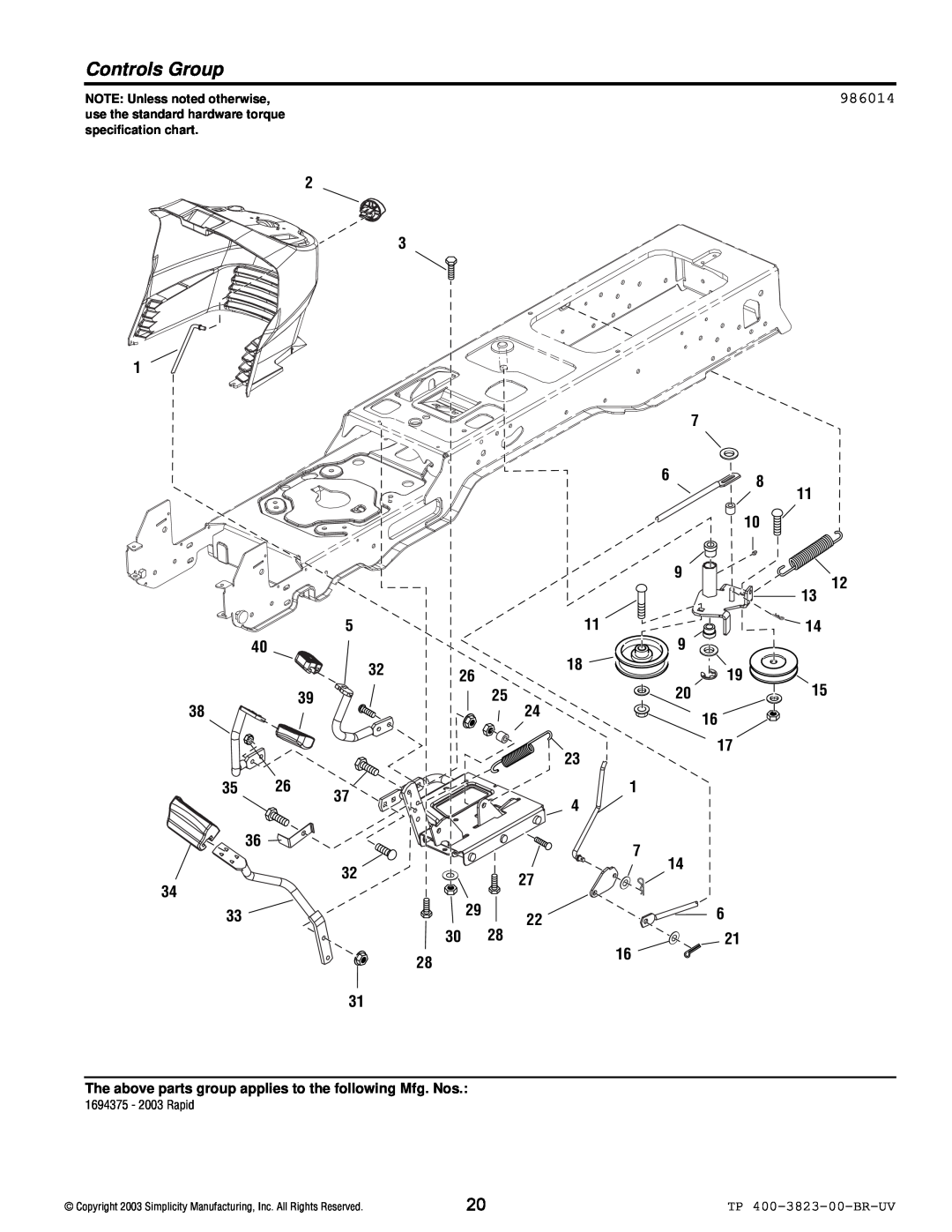 Simplicity 2003 Rapid manual Controls Group, 986014, The above parts group applies to the following Mfg. Nos 