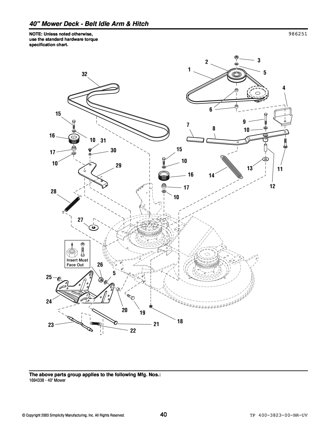 Simplicity 2003 Rapid Mower Deck - Belt Idle Arm & Hitch, 986251, The above parts group applies to the following Mfg. Nos 