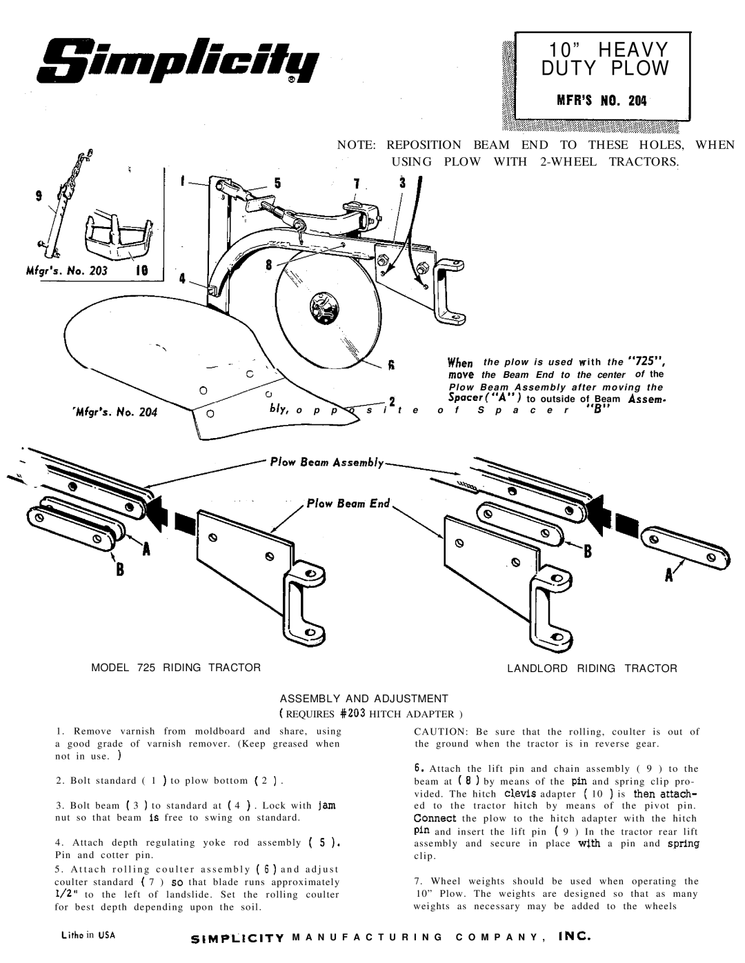 Simplicity 204 manual Heavy Duty Plow, Using Plow with 2-WHEEL Tractors, Requires #203 Hitch Adapter 