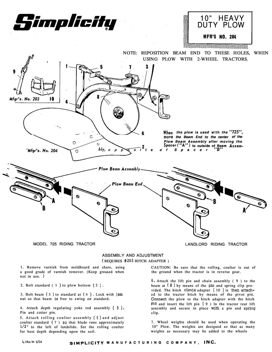 Simplicity 204 manual 10” HEAVY DUTY PLOW, Note Reposition Beam End To These Holes, When, USING PLOW WITH 2-WHEEL TRACTORS 