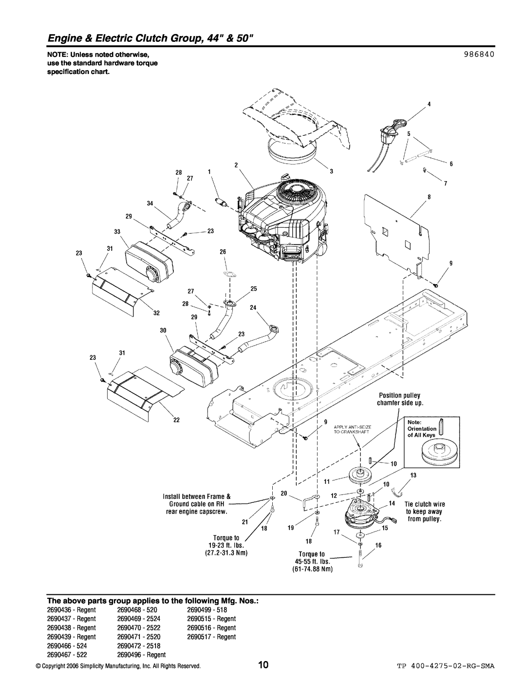 Simplicity 18.5HP Engine & Electric Clutch Group, 44, 986840, The above parts group applies to the following Mfg. Nos 