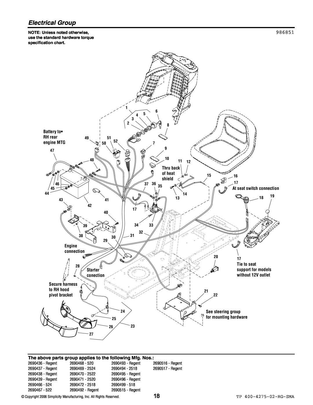 Simplicity 18.5HP, 22HP, 20HP Electrical Group, 986851, At seat switch connection, Starter conection, TP 400-4275-02-RG-SMA 