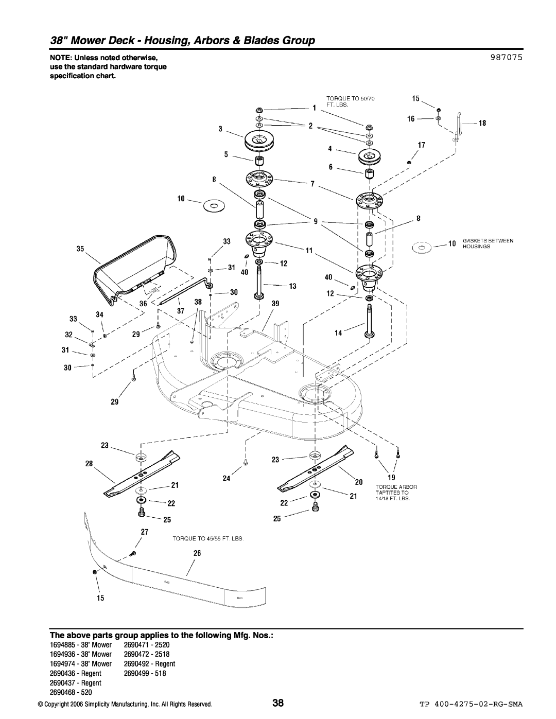 Simplicity 18.5HP Mower Deck - Housing, Arbors & Blades Group, 987075, TP 400-4275-02-RG-SMA, NOTE Unless noted otherwise 