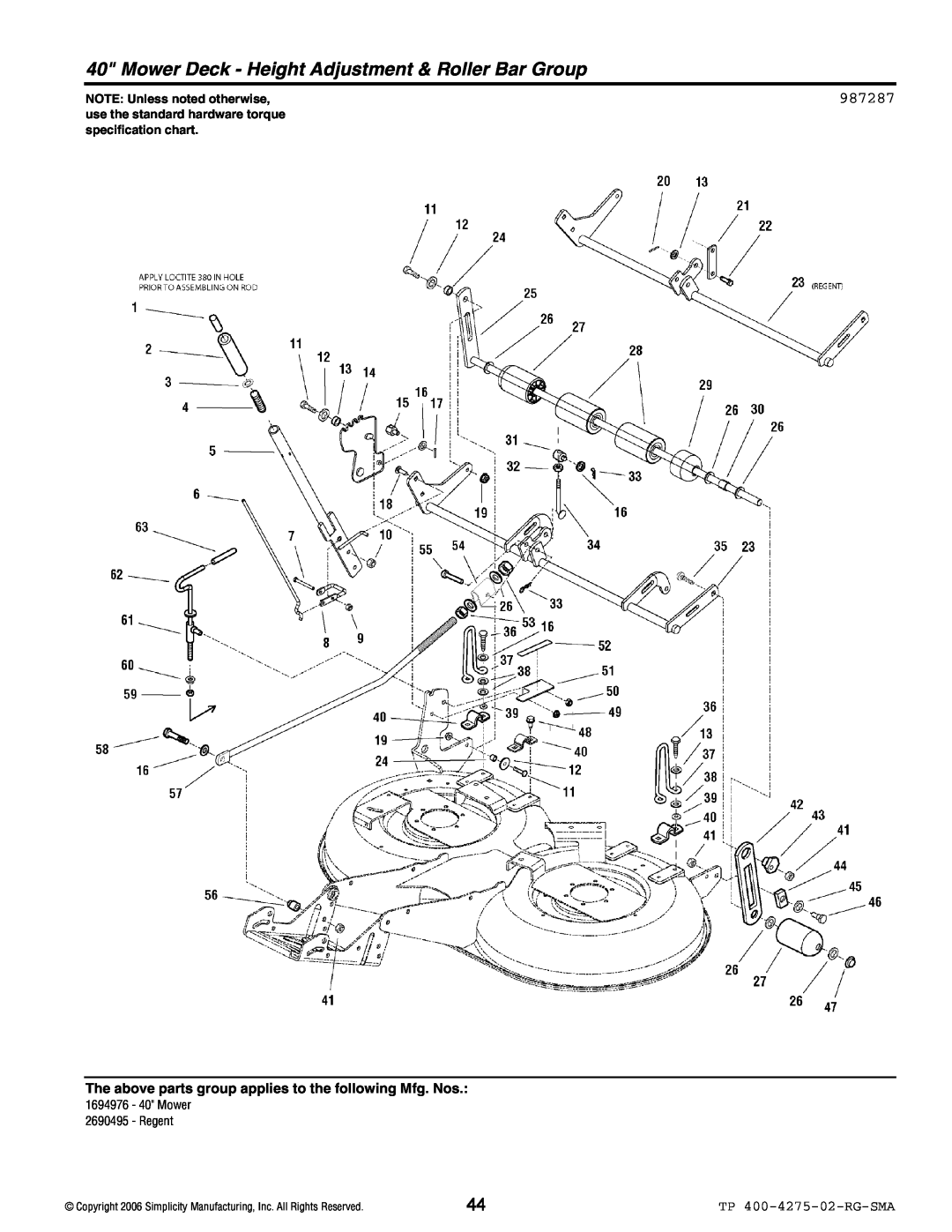 Simplicity 22HP, 20HP, 18.5HP, 18HP manual Mower Deck - Height Adjustment & Roller Bar Group, 987287, TP 400-4275-02-RG-SMA 