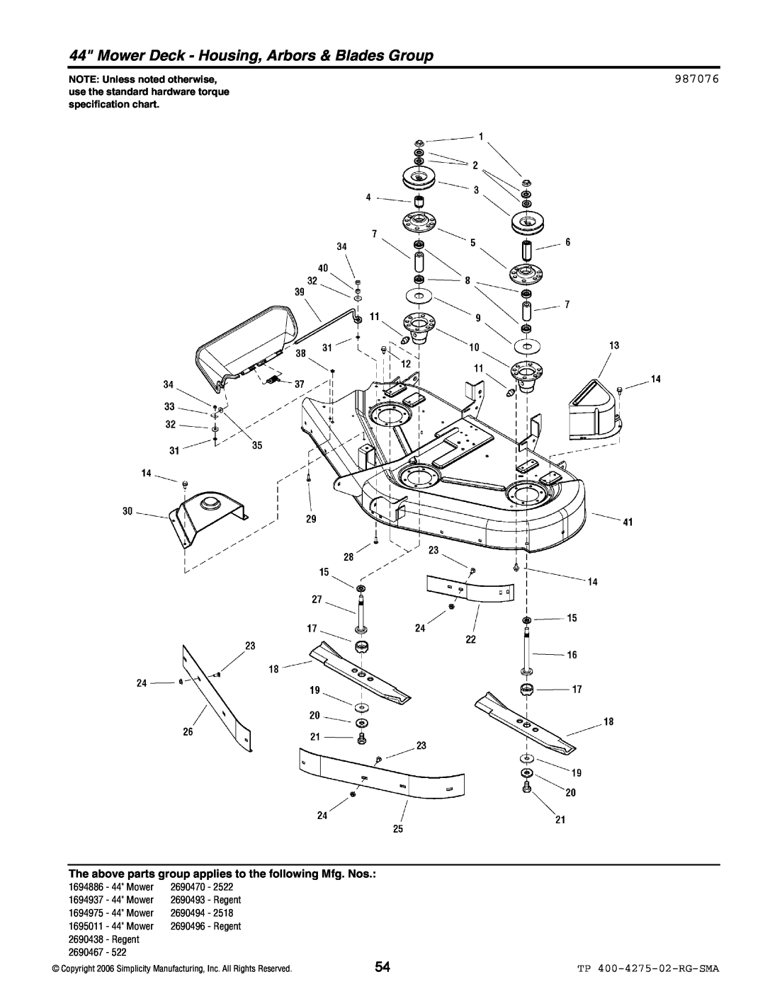 Simplicity 18.5HP Mower Deck - Housing, Arbors & Blades Group, 987076, TP 400-4275-02-RG-SMA, NOTE Unless noted otherwise 