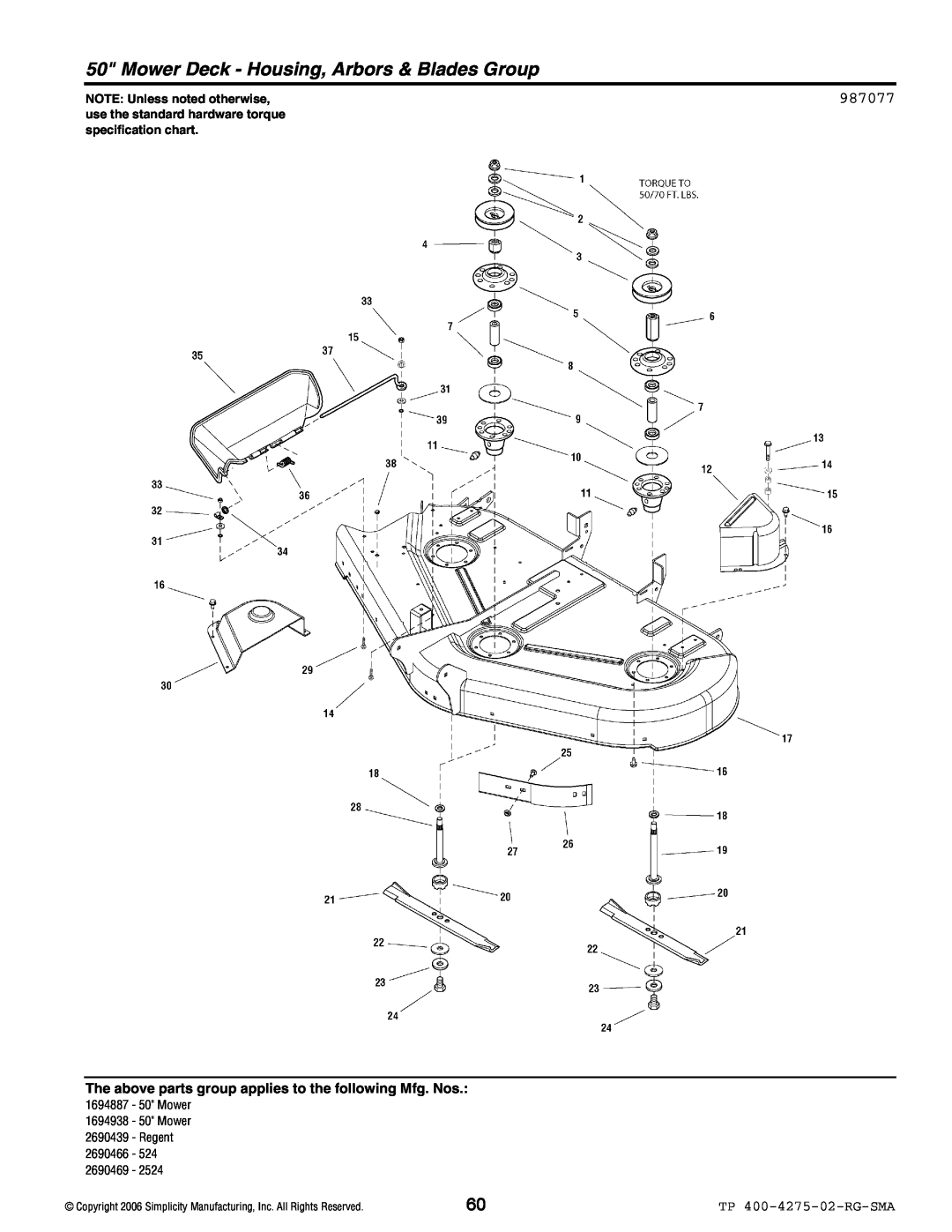 Simplicity 22HP Mower Deck - Housing, Arbors & Blades Group, 987077, TP 400-4275-02-RG-SMA, NOTE Unless noted otherwise 