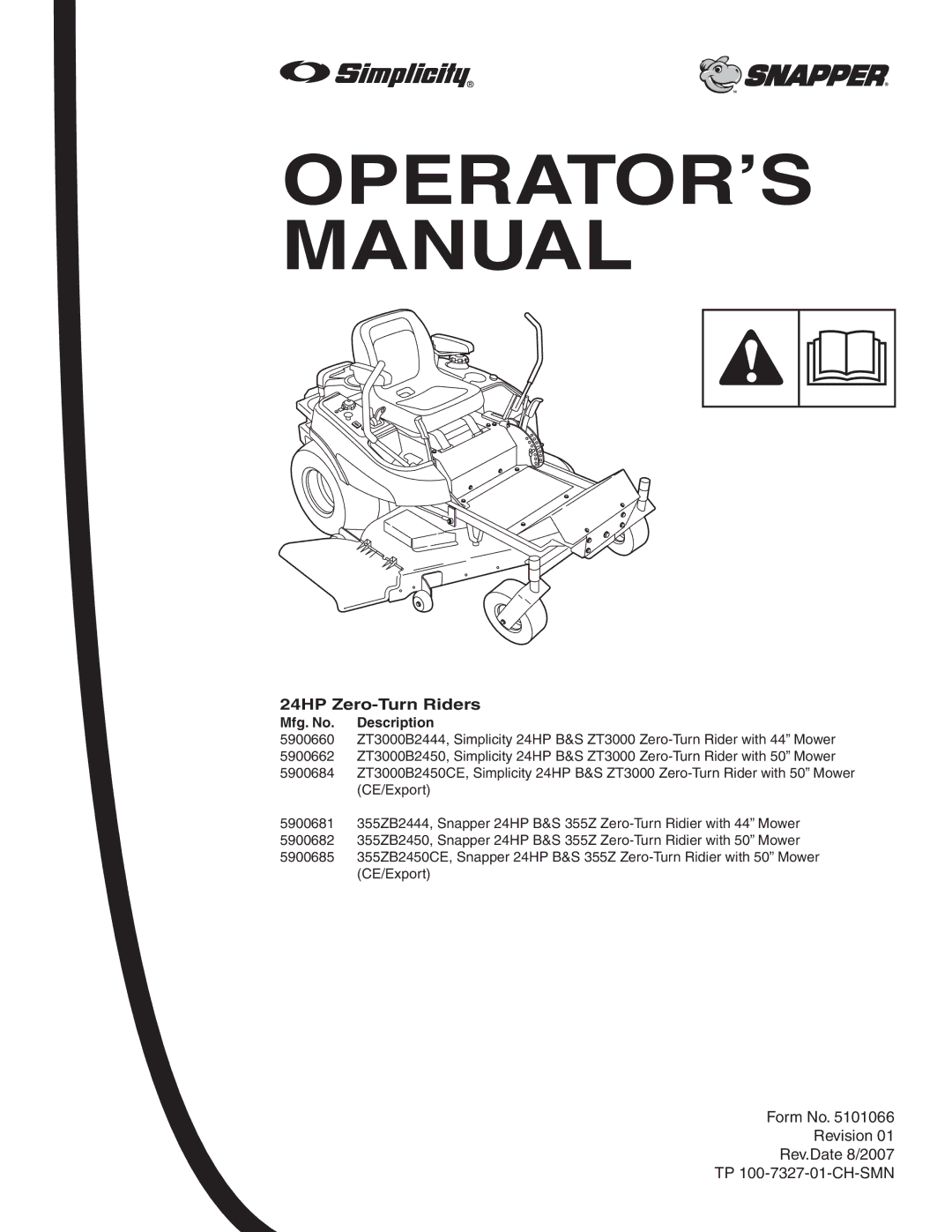 Simplicity manual OPERATOR’S Manual, 24HP Zero-Turn Riders 