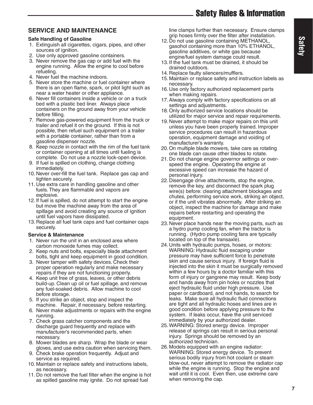 Simplicity 24HP manual Safe Handling of Gasoline, Service & Maintenance 