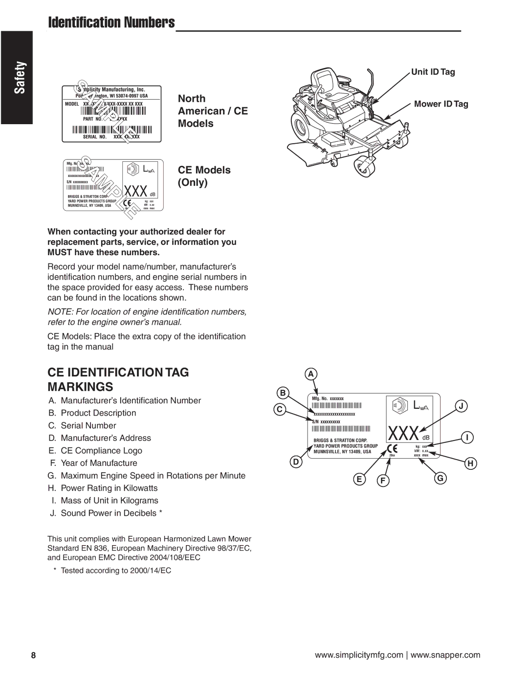 Simplicity 24HP manual Identification Numbers, CE Identification TAG Markings 