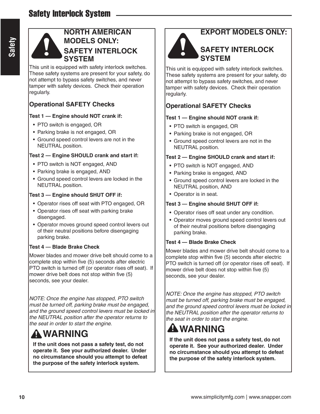 Simplicity 24HP manual North American Models only Safety Interlock System, Export Models only Safety Interlock System 