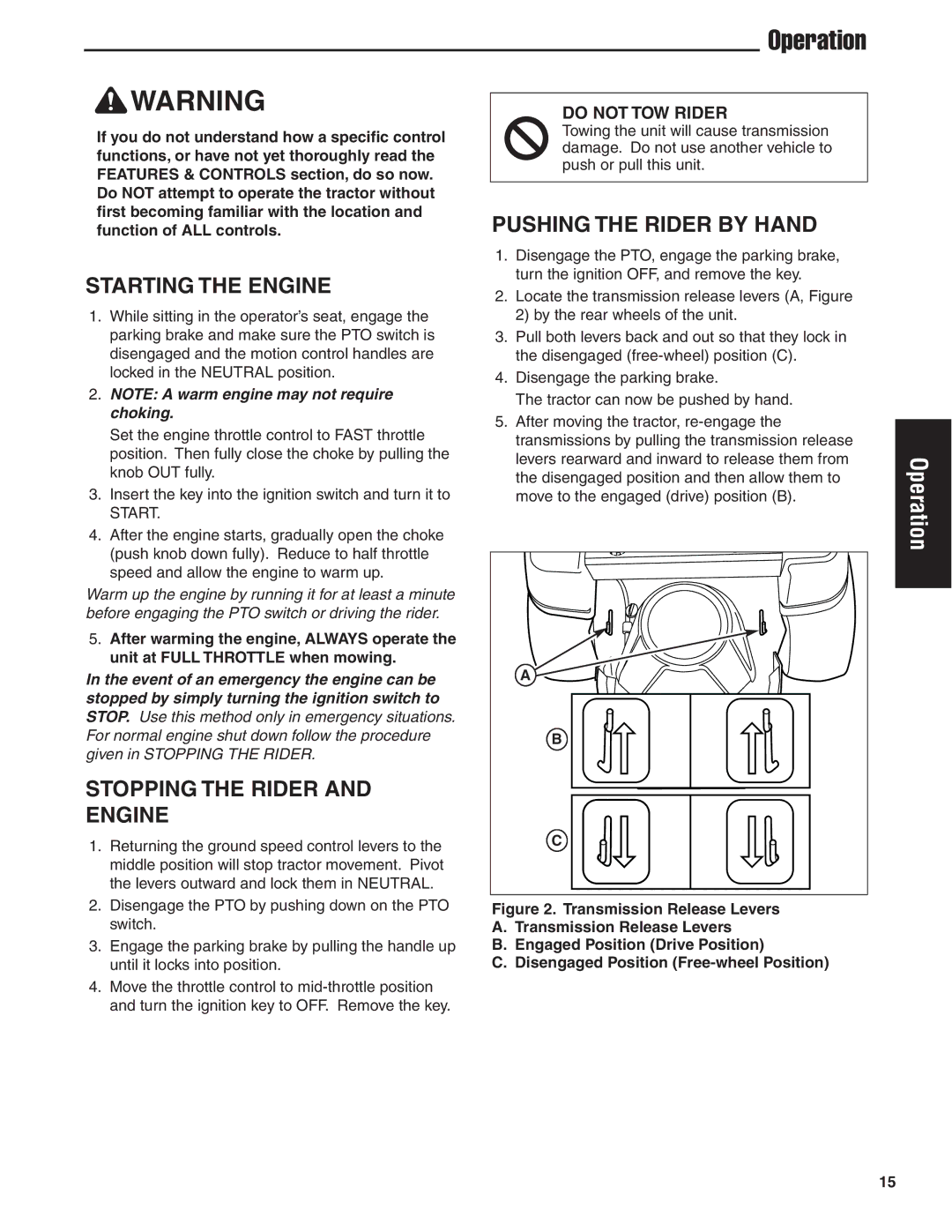 Simplicity 24HP manual Starting the Engine, Stopping the Rider and Engine, Pushing the Rider by Hand 