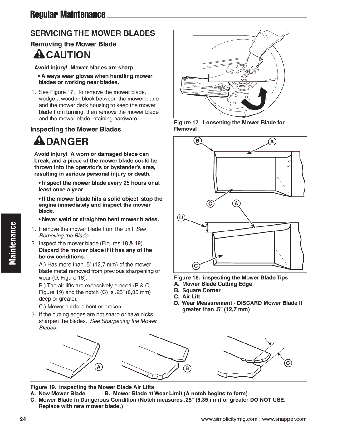 Simplicity 24HP manual Servicing the Mower Blades, Removing the Mower Blade, Inspecting the Mower Blades 