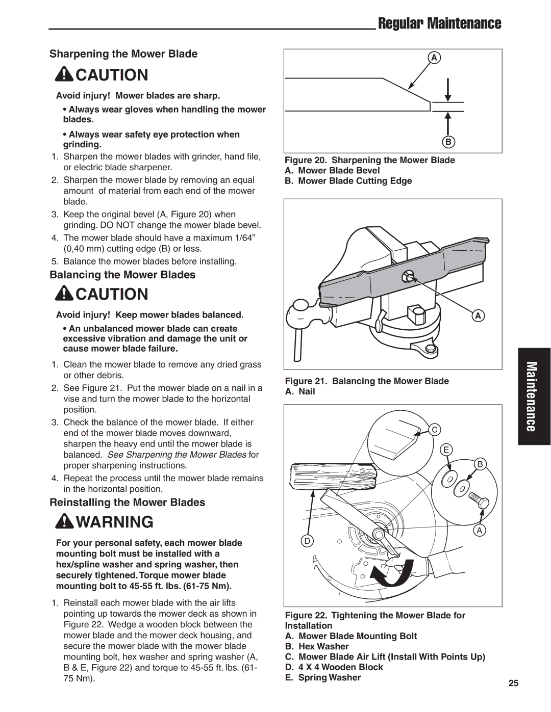 Simplicity 24HP manual Sharpening the Mower Blade, Balancing the Mower Blades, Reinstalling the Mower Blades, Nail 