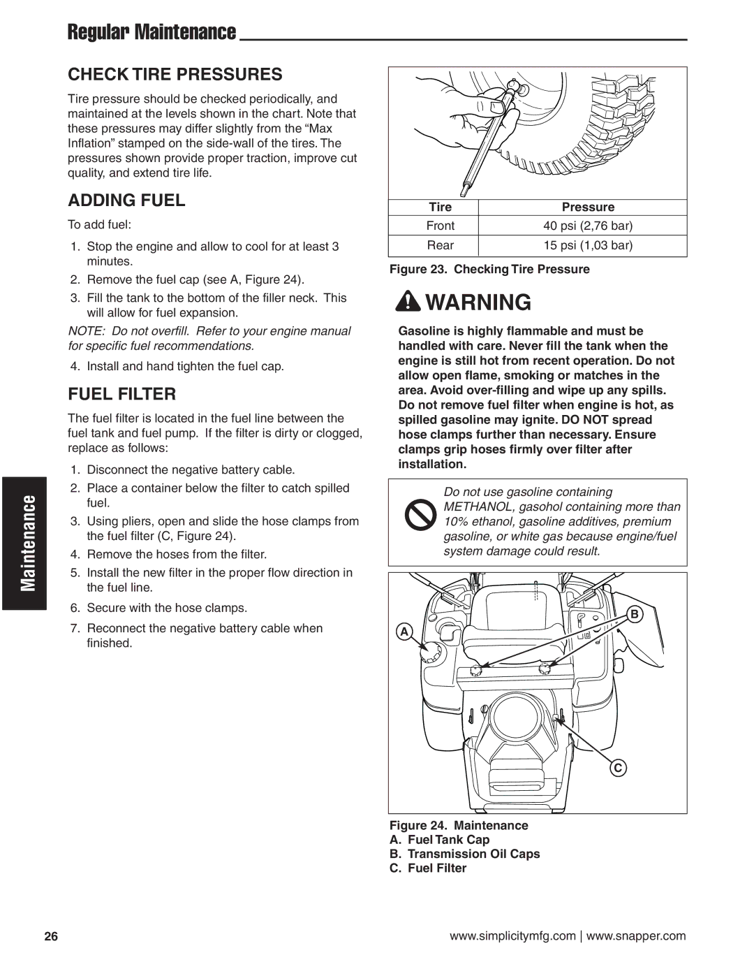 Simplicity 24HP manual Check Tire Pressures, Adding Fuel, Fuel Filter 