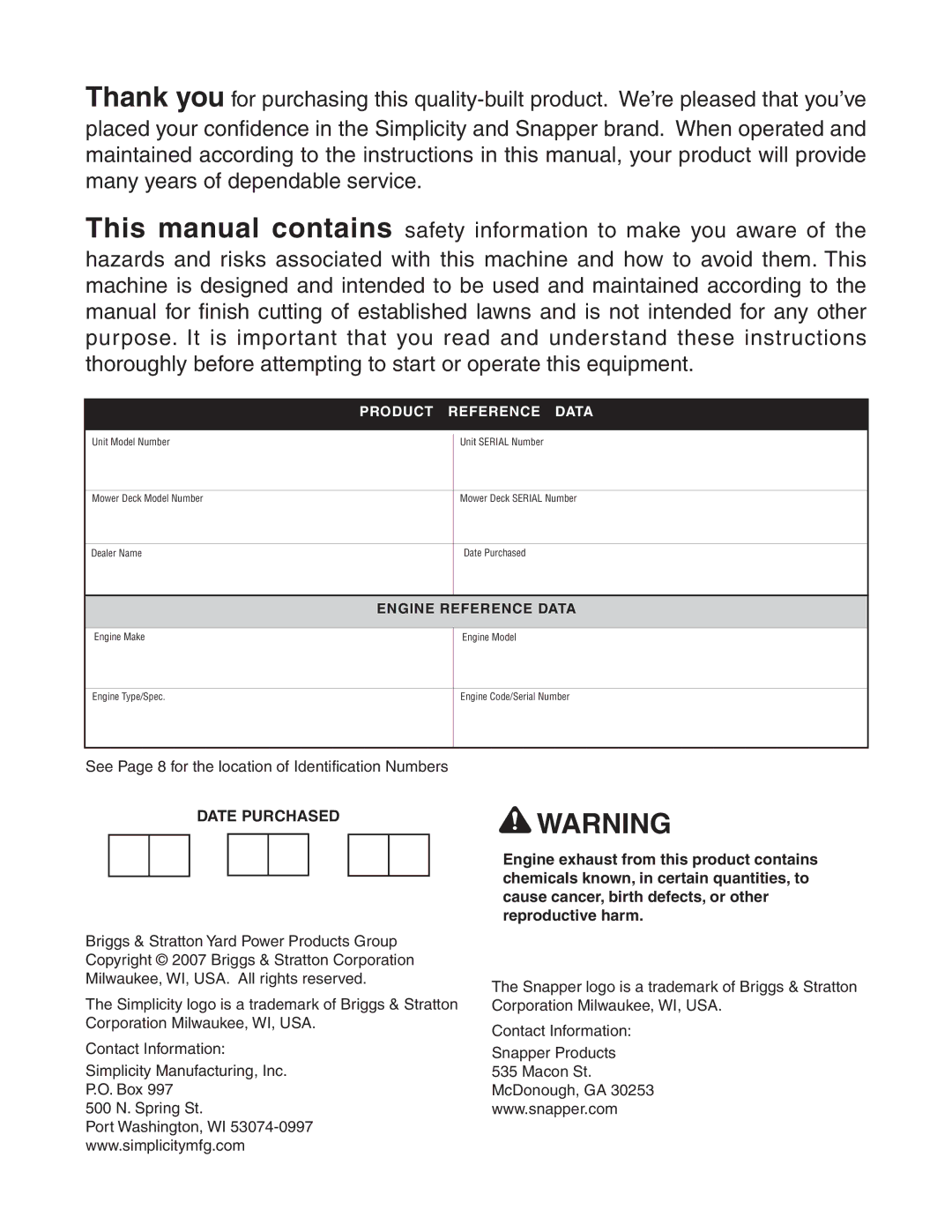 Simplicity 24HP manual Date Purchased 