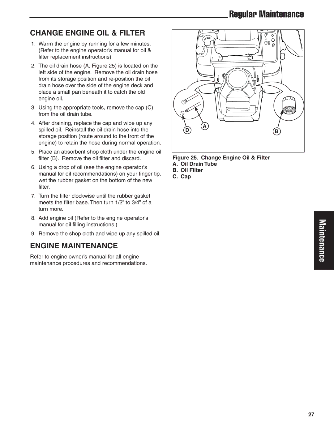 Simplicity 24HP manual Change Engine OIL & Filter, Engine Maintenance 