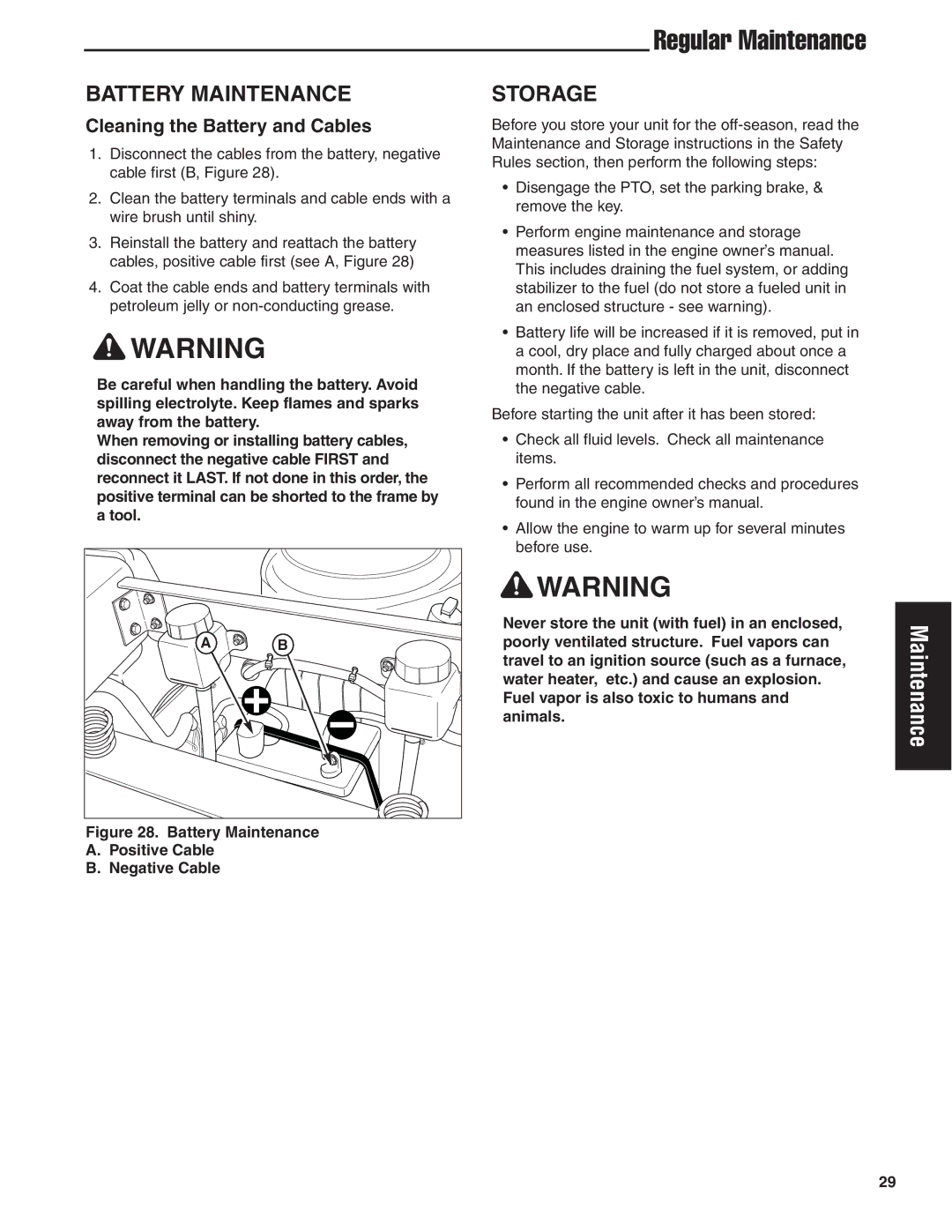 Simplicity 24HP manual Battery Maintenance, Storage, Cleaning the Battery and Cables 