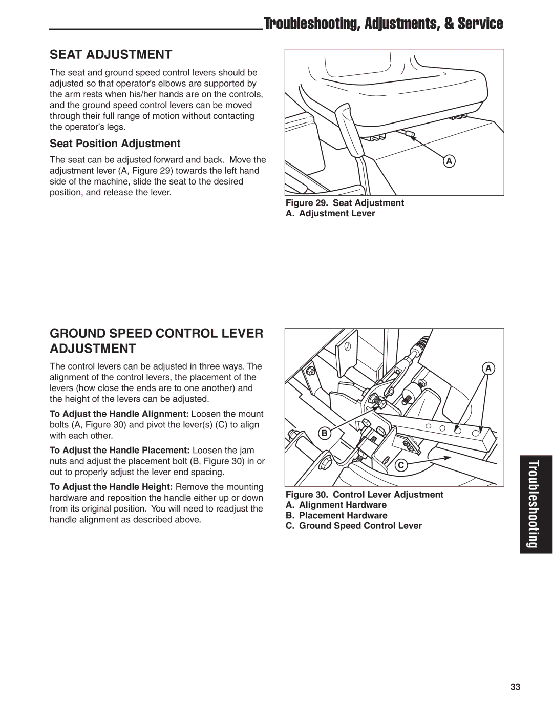 Simplicity 24HP manual Seat Adjustment, Ground Speed Control Lever Adjustment, Seat Position Adjustment 