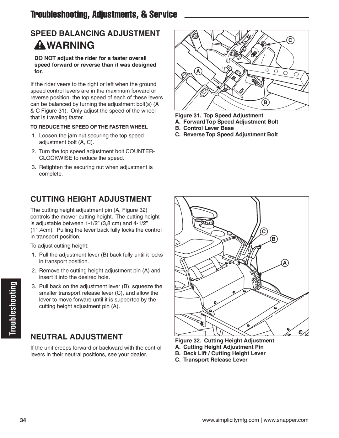 Simplicity 24HP manual Speed Balancing Adjustment, Cutting Height Adjustment, Neutral Adjustment 