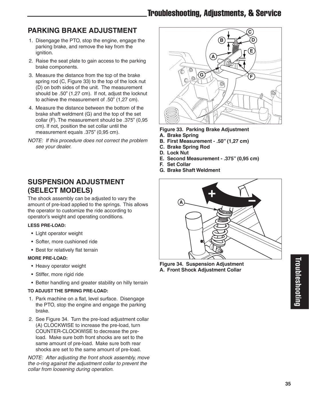 Simplicity 24HP manual Parking Brake Adjustment, Suspension Adjustment A. Front Shock Adjustment Collar 