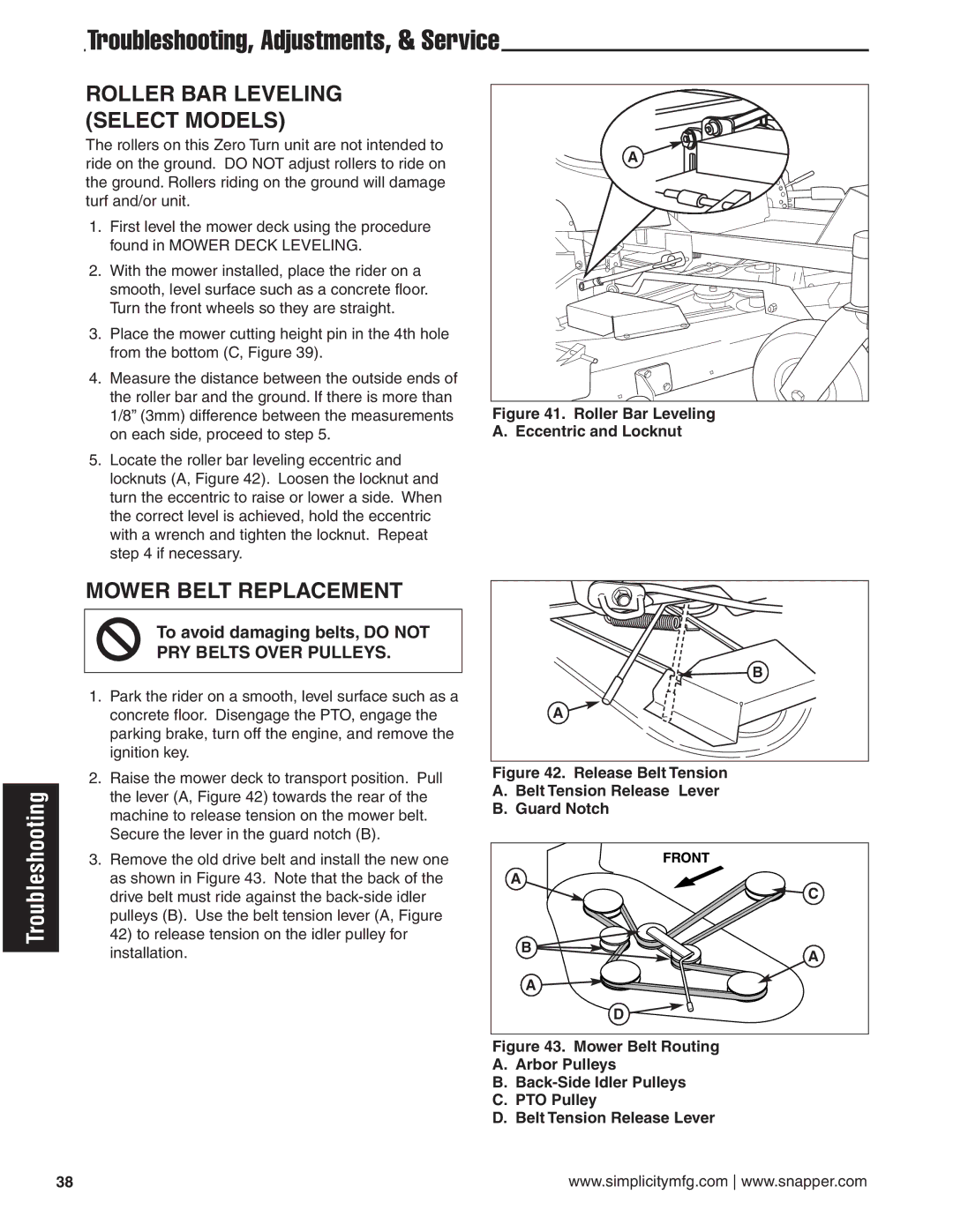 Simplicity 24HP manual Roller BAR Leveling Select Models, Mower Belt Replacement 