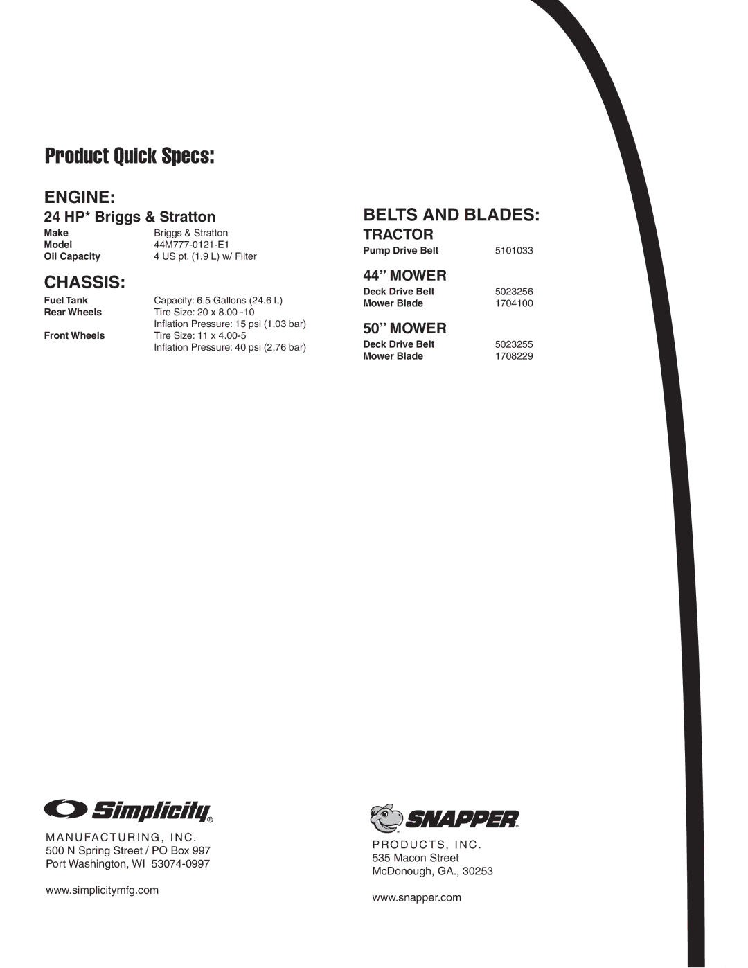 Simplicity 24HP manual Product Quick Specs, Belts and Blades Tractor 