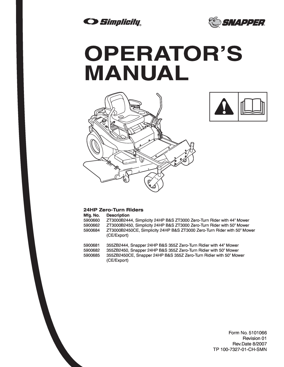 Simplicity manual Operator’S Manual, 24HP Zero-TurnRiders, Mfg. No. Description 