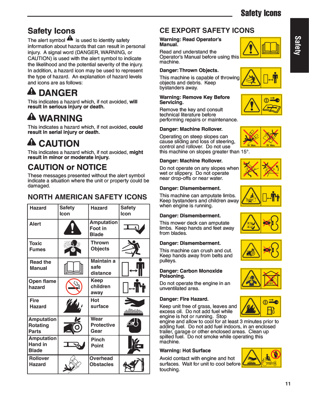 Simplicity 24HP manual Danger, North American Safety Icons, Ce Export Safety Icons, CAUTION or NOTICE 