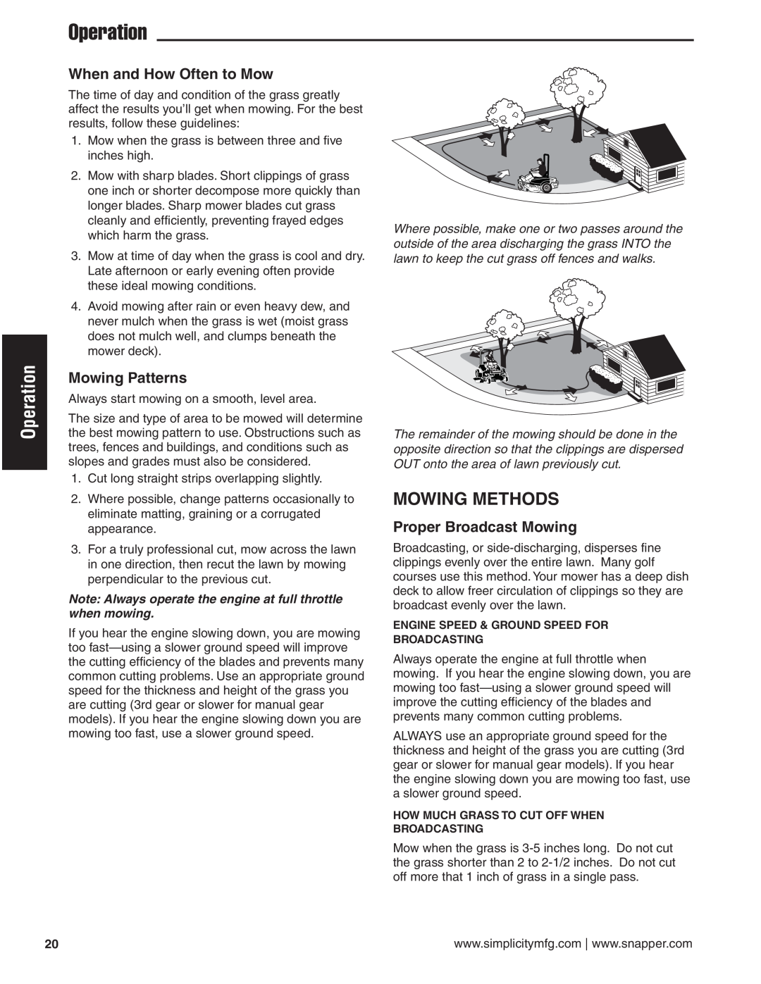 Simplicity 24HP manual Mowing Methods, Operation, When and How Often to Mow, Mowing Patterns, Proper Broadcast Mowing 