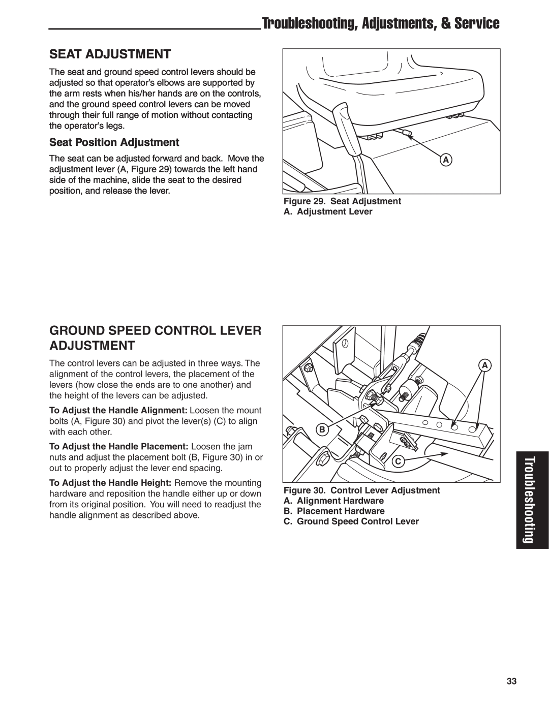 Simplicity 24HP manual Troubleshooting, Adjustments, & Service, Seat Adjustment, Ground Speed Control Lever Adjustment 