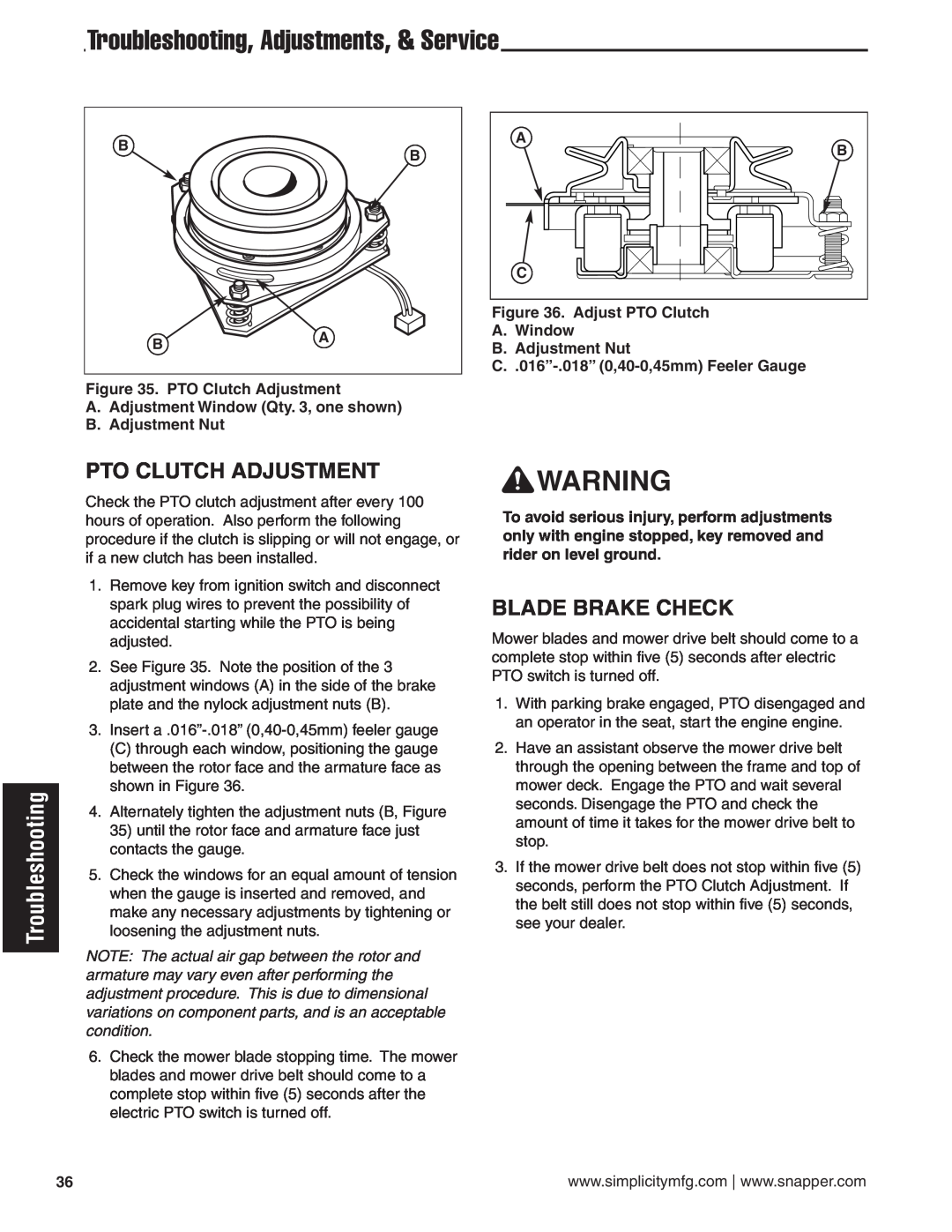 Simplicity 24HP manual Pto Clutch Adjustment, Blade Brake Check, Troubleshooting, Adjustments, & Service 