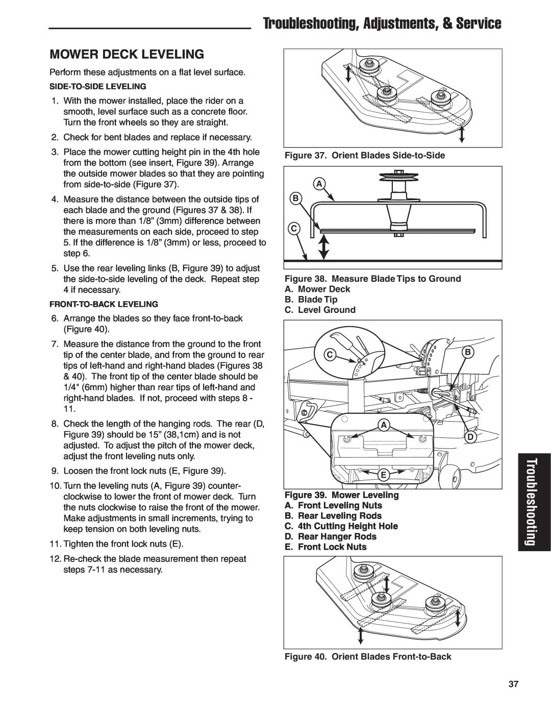 Simplicity 24HP manual Mower Deck Leveling, Troubleshooting, Adjustments, & Service 