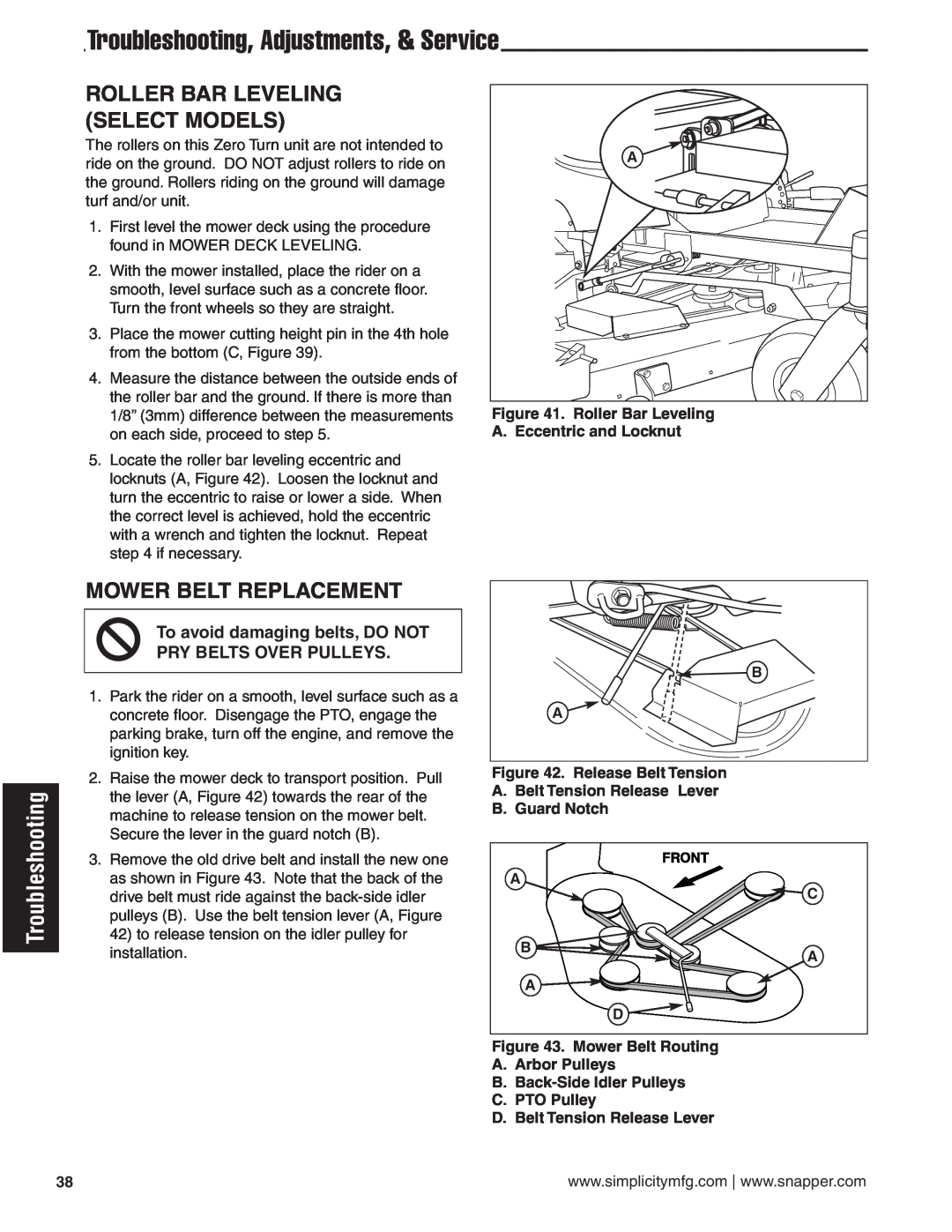 Simplicity 24HP manual Roller Bar Leveling Select Models, Mower Belt Replacement, Troubleshooting, Adjustments, & Service 