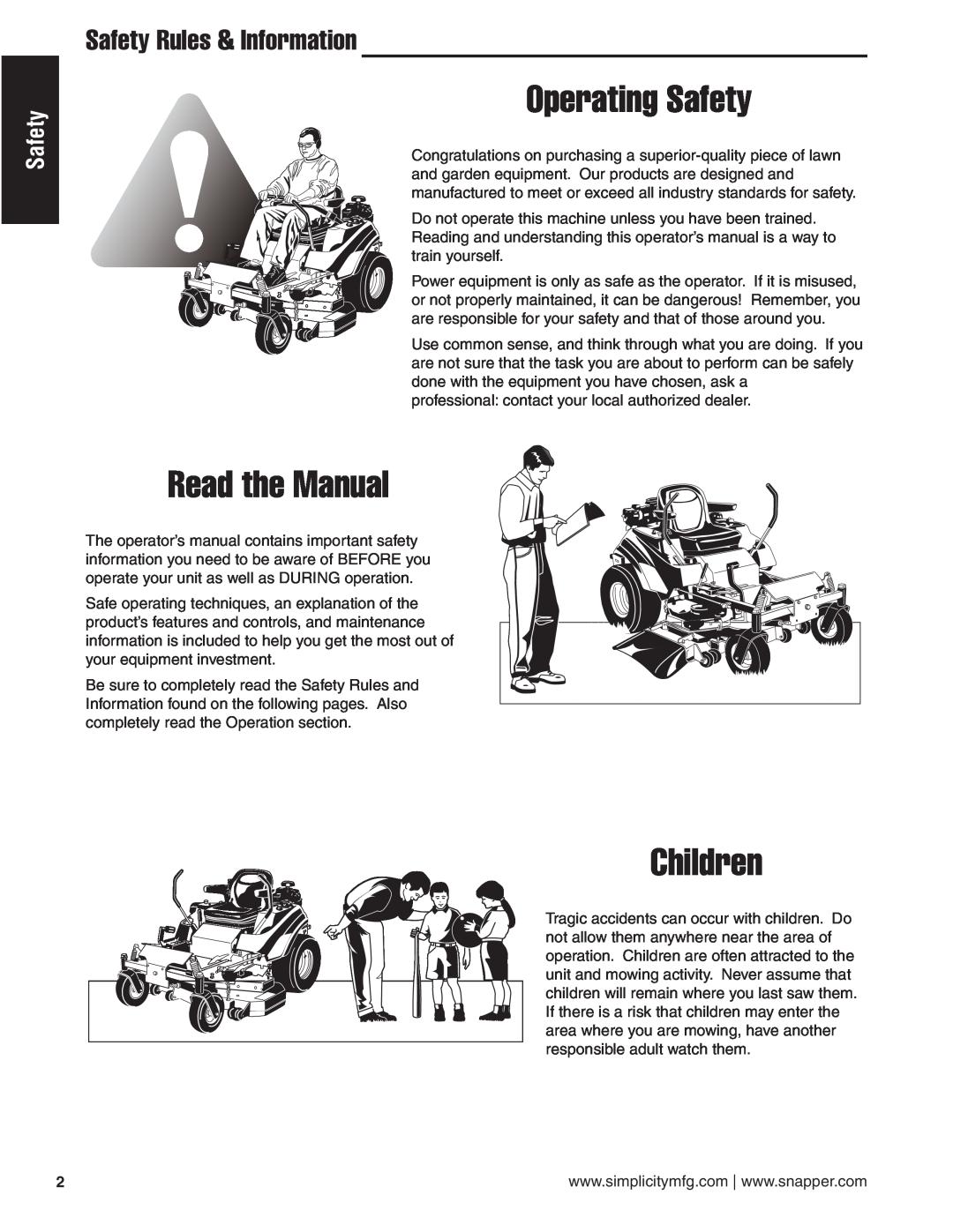 Simplicity 24HP manual Operating Safety, Read the Manual, Children, Safety Rules & Information 