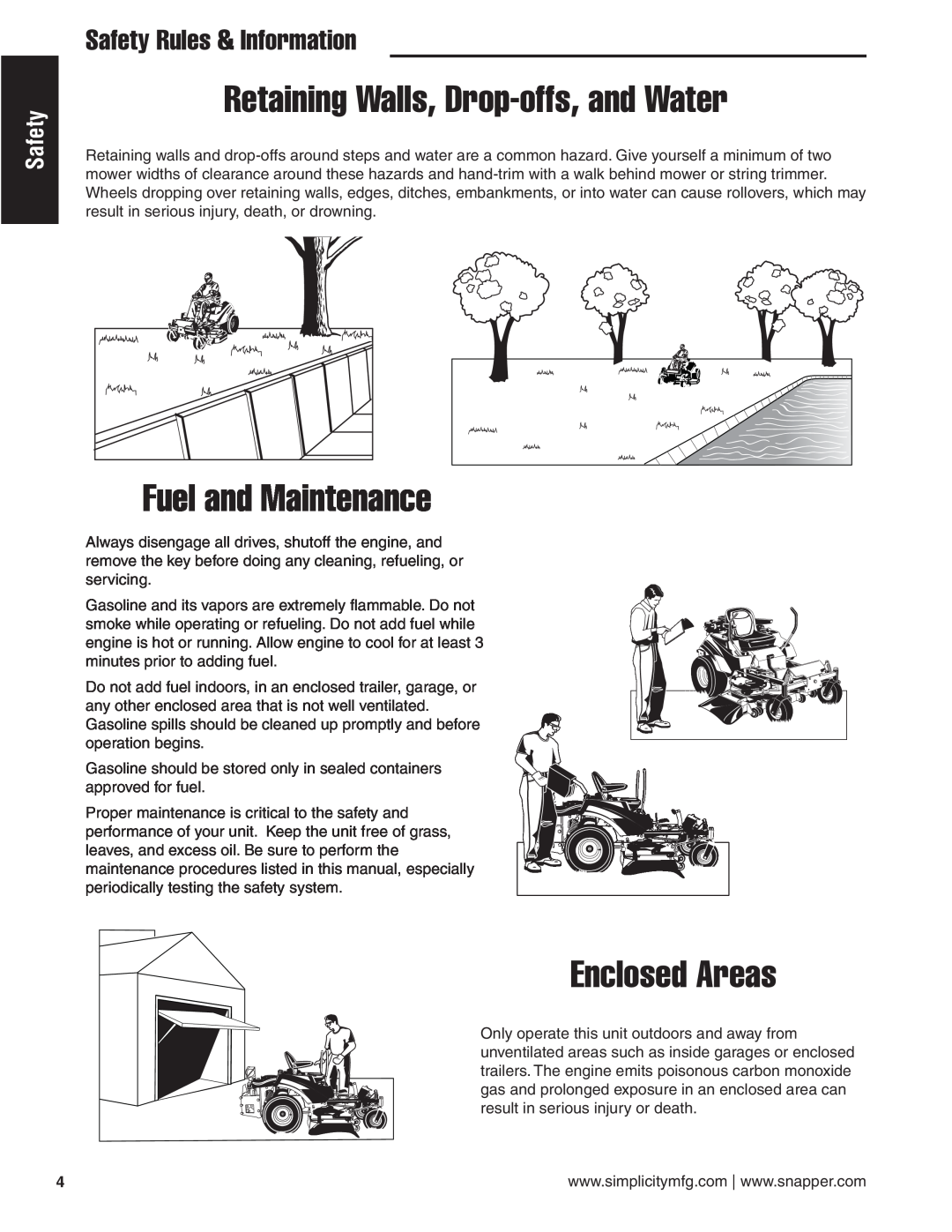 Simplicity 24HP Retaining Walls, Drop-offs,and Water, Fuel and Maintenance, Enclosed Areas, Safety Rules & Information 