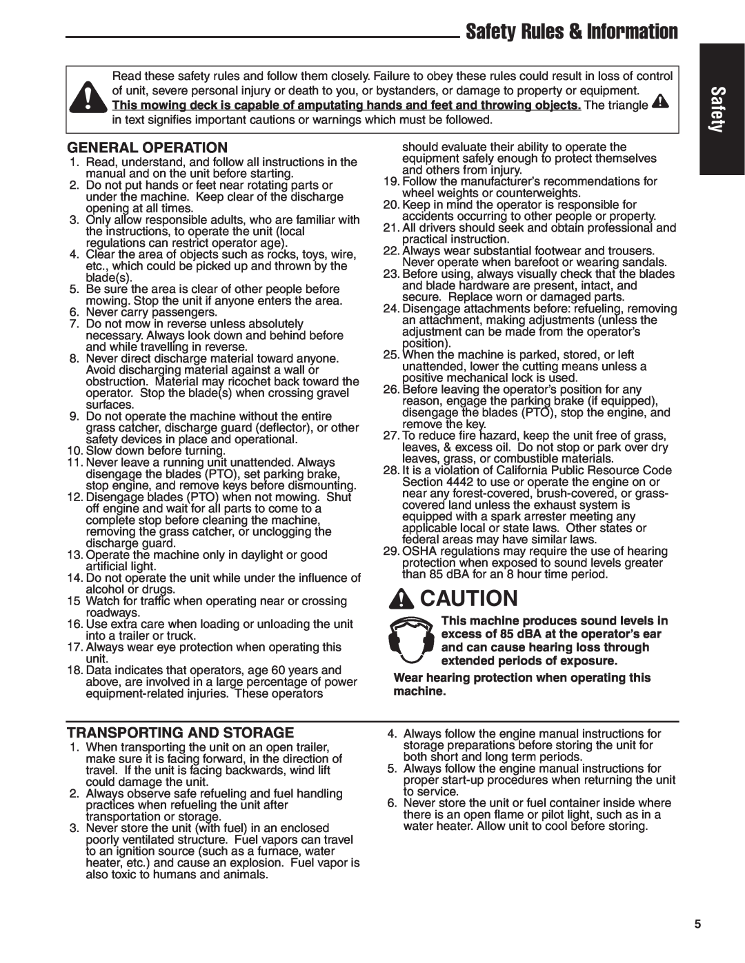 Simplicity 24HP manual Safety Rules & Information, General Operation, Transporting And Storage 
