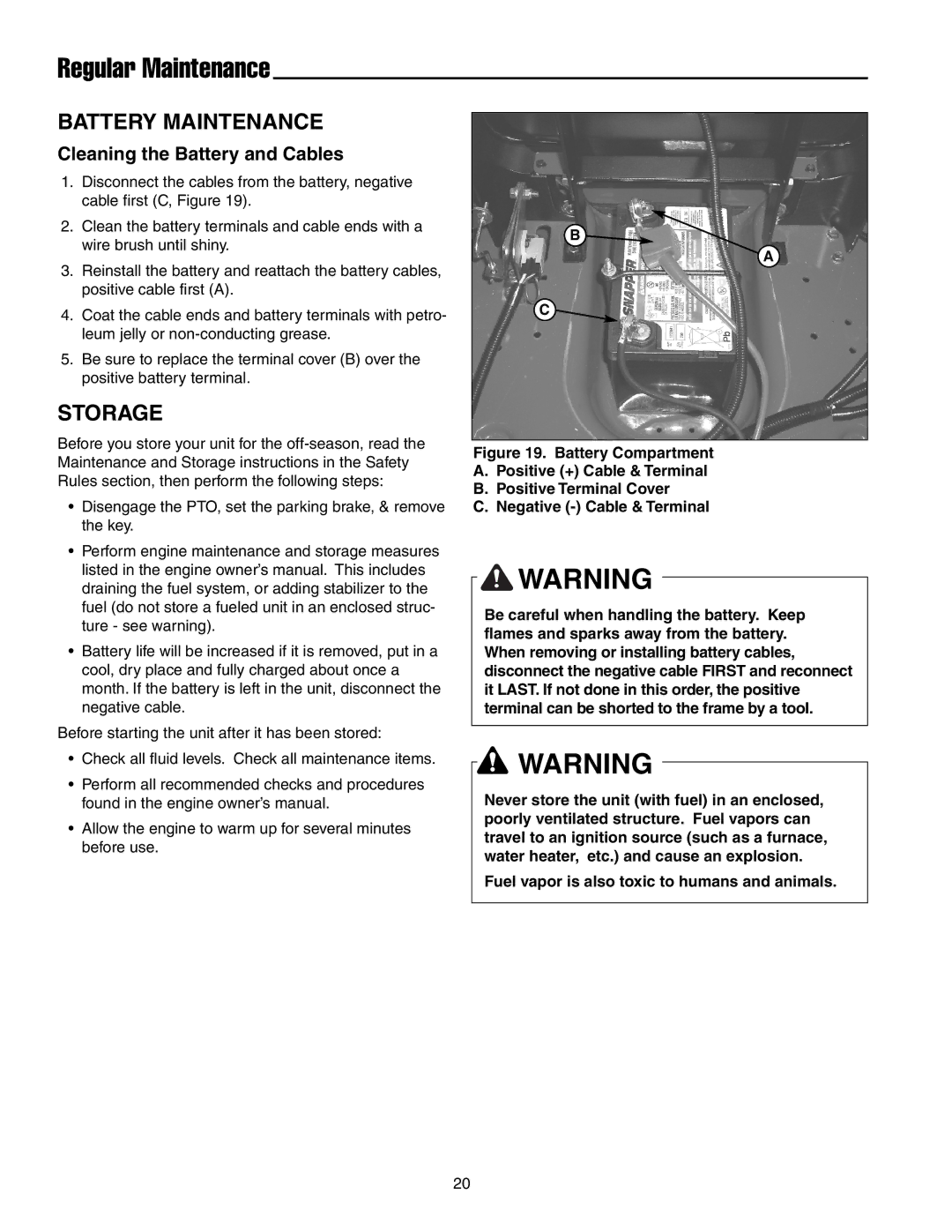 Simplicity 250 Z manual Battery Maintenance, Storage, Cleaning the Battery and Cables 