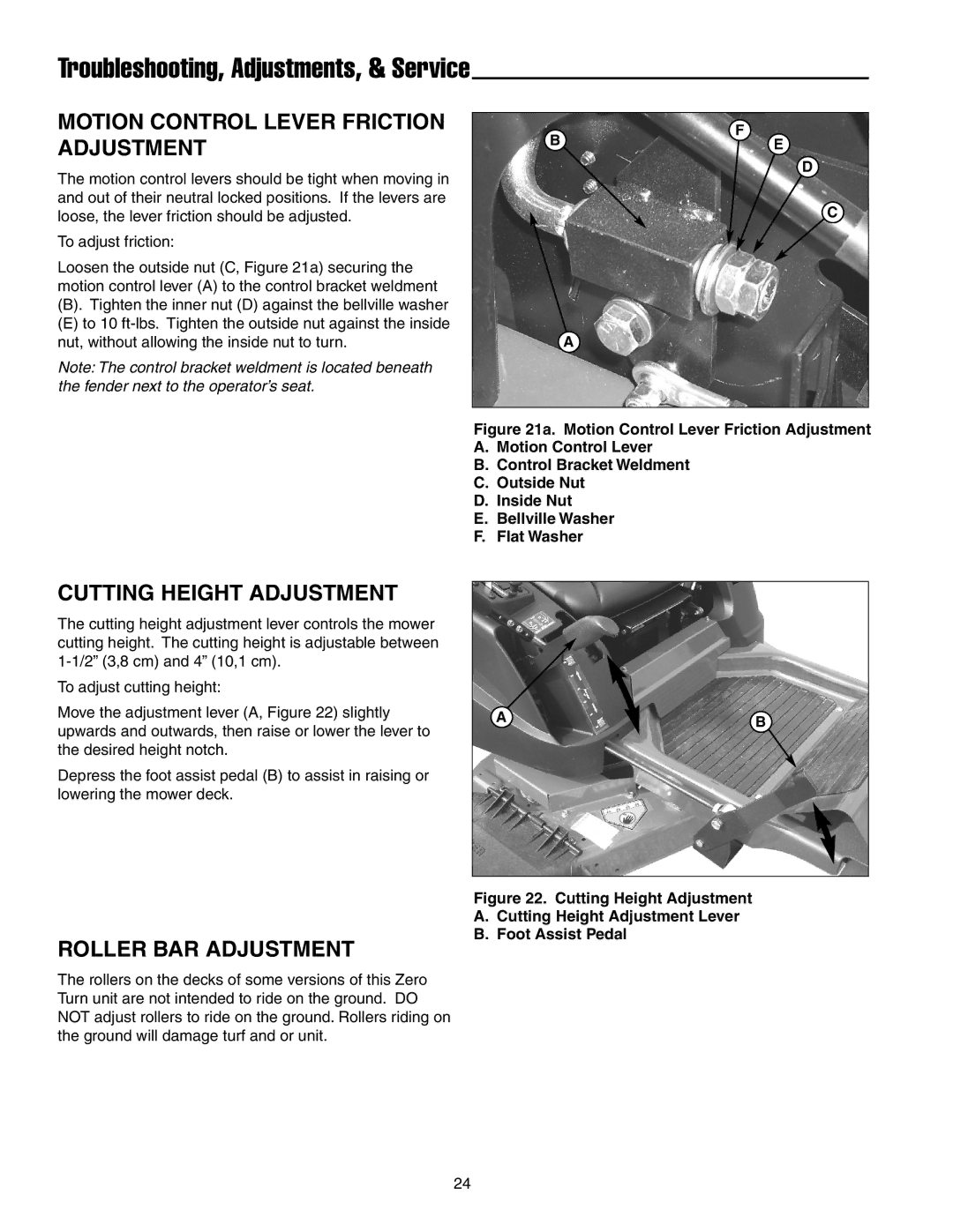 Simplicity 250 Z manual Motion Control Lever Friction Adjustment, Cutting Height Adjustment, Roller BAR Adjustment 