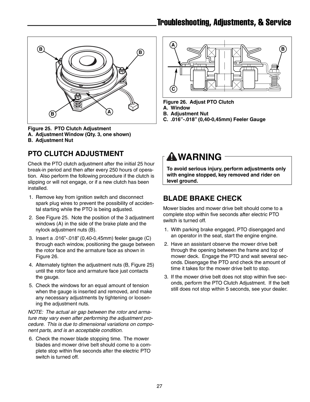 Simplicity 250 Z manual PTO Clutch Adjustment, Blade Brake Check 