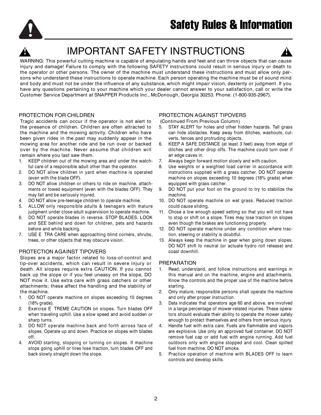 Simplicity 250 Z manual Safety Rules & Information 