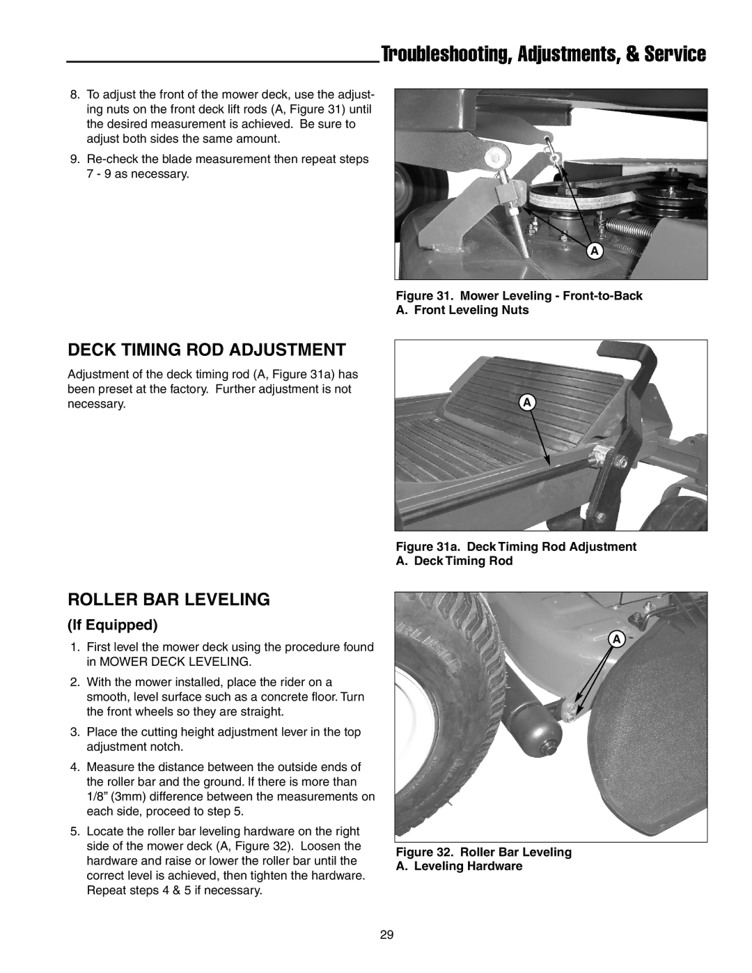 Simplicity 250 Z manual Deck Timing ROD Adjustment, Roller BAR Leveling, If Equipped 