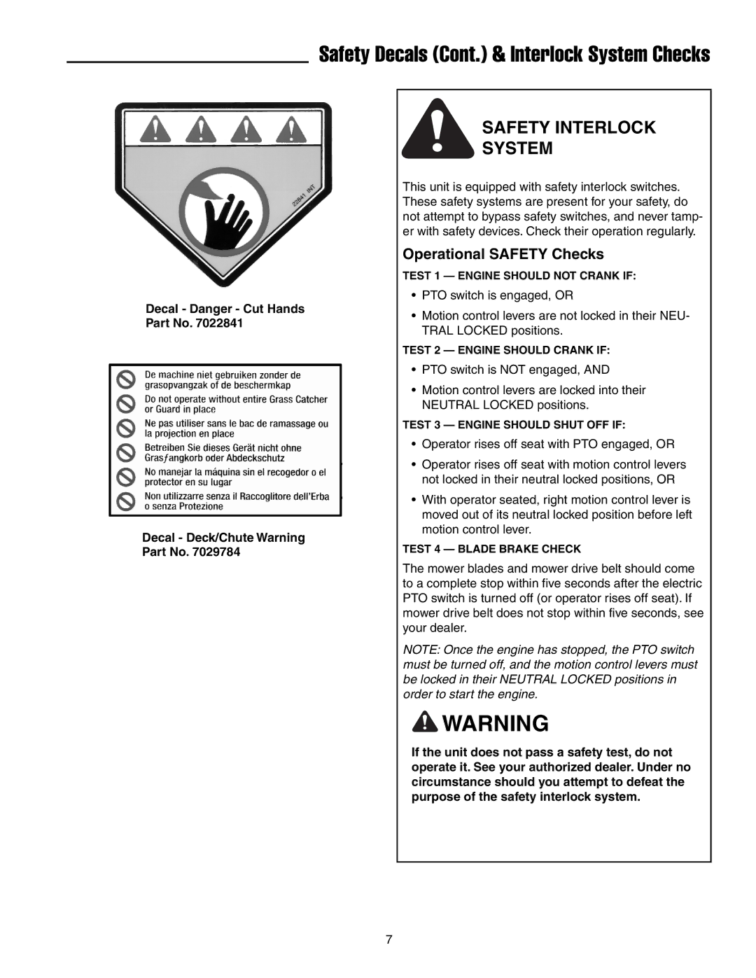 Simplicity 250 Z manual Safety Interlock System, Operational Safety Checks 