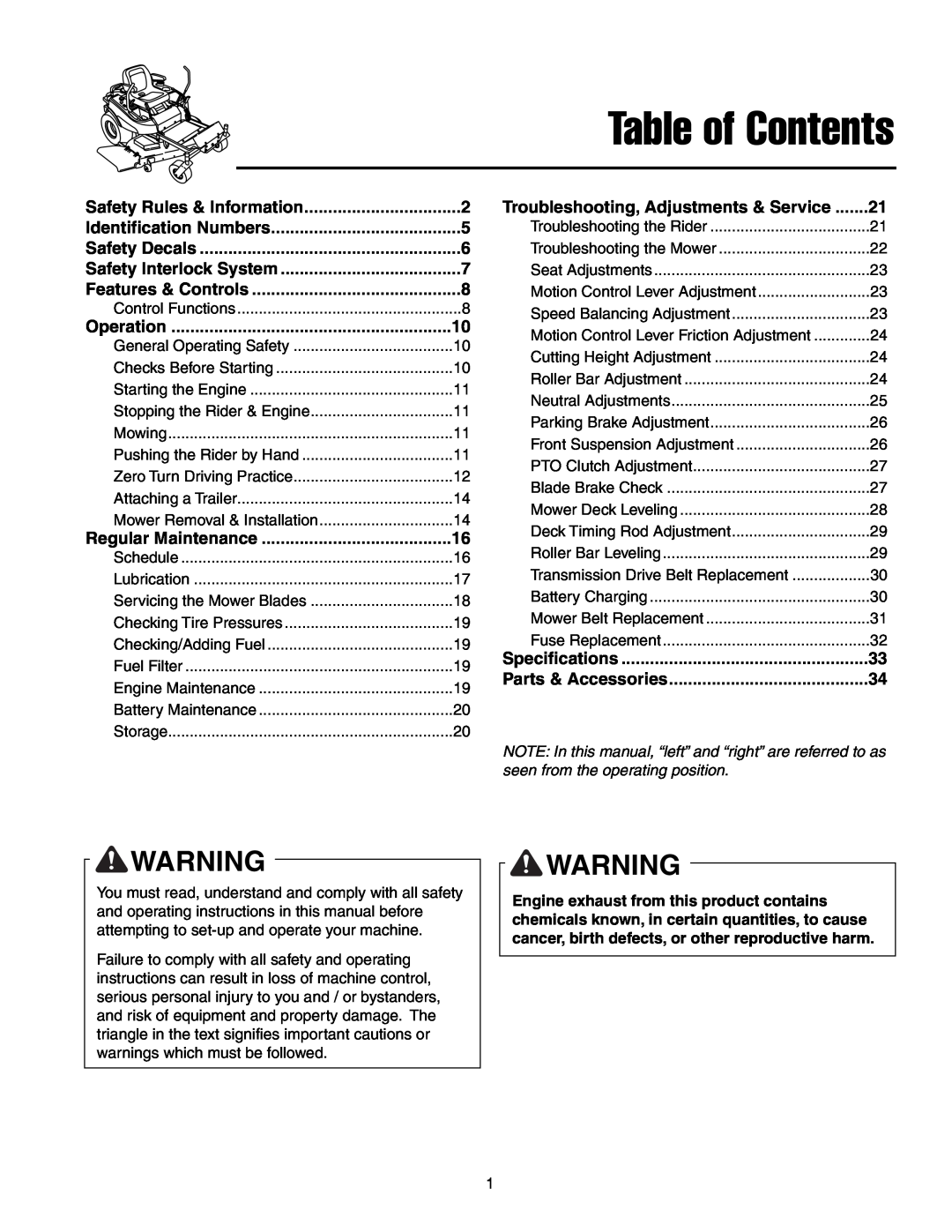 Simplicity 250 Z Table of Contents, Operation, Regular Maintenance, Troubleshooting, Adjustments & Service, Safety Decals 
