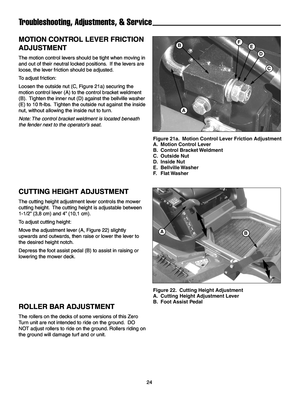 Simplicity 250 Z manual Motion Control Lever Friction Adjustment, Cutting Height Adjustment, Roller Bar Adjustment 